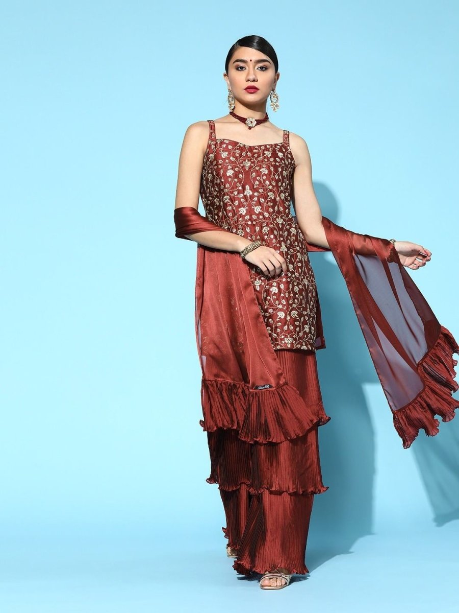radiant maroon silk blend embroidered kurta set