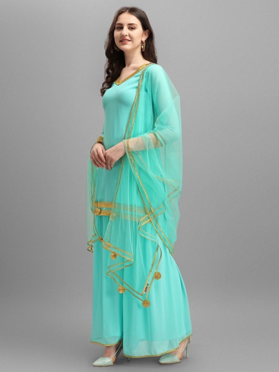 Rama Green Embroidered Kurta with Sharara and Net Dupatta - Inddus.com