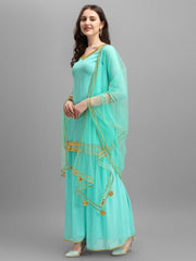 Rama Green Embroidered Kurta with Sharara and Net Dupatta - Inddus.com