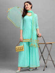 Rama Green Embroidered Kurta with Sharara and Net Dupatta - Inddus.com