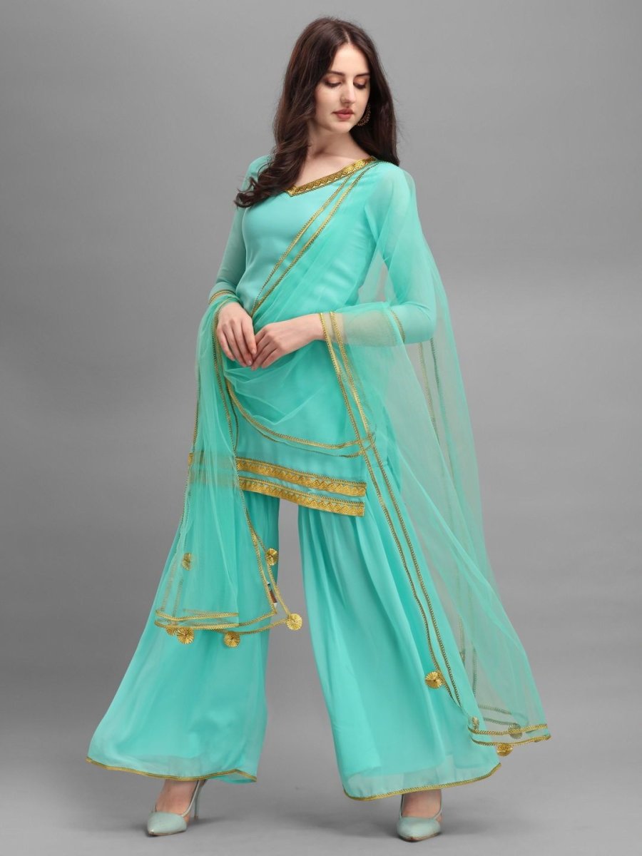 Rama Green Embroidered Kurta with Sharara and Net Dupatta - Inddus.com