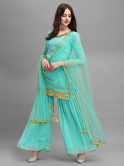 Rama Green Embroidered Kurta with Sharara and Net Dupatta - Inddus.com