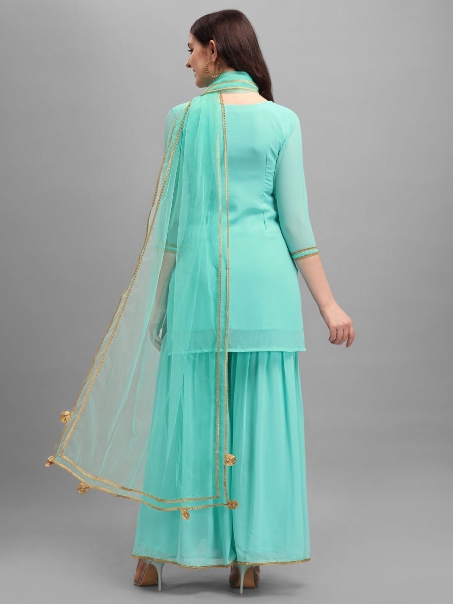Rama Green Embroidered Kurta with Sharara and Net Dupatta - Inddus.com