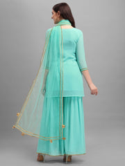 Rama Green Embroidered Kurta with Sharara and Net Dupatta - Inddus.com