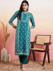 Rama Green Floral Printed Regular Pure Cotton Kurta With Trousers - Inddus.com
