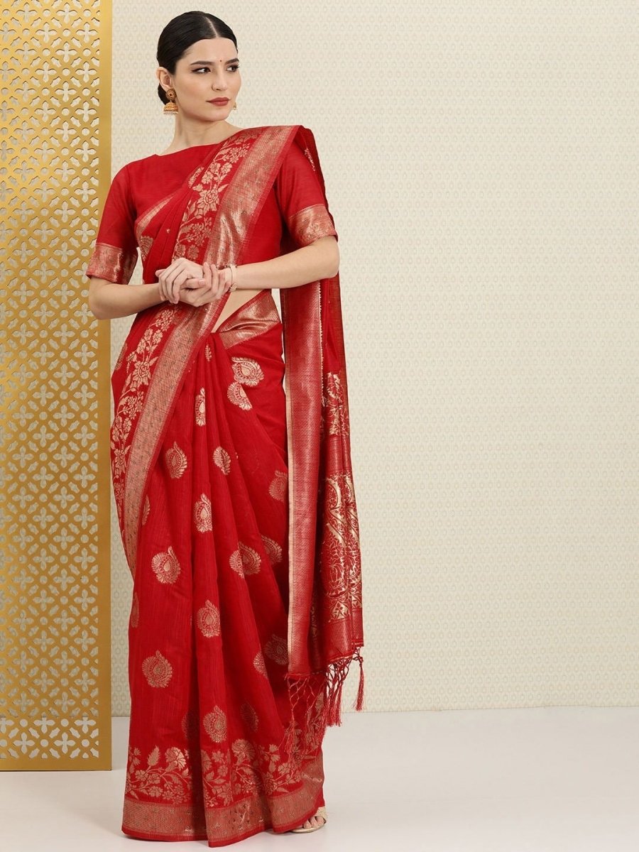 Red and Gold Floral Embellished Zari Woven Saree - Inddus.com