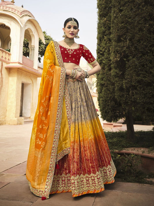 Red and Orange Silk Partywear Lehenga Choli - Inddus.com