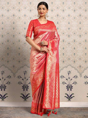 Red and pink Ethnic Motifs Zari Saree