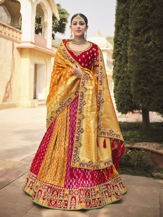 Red and Yellow Silk Partywear Lehenga Choli - Inddus.com