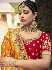 Red and Yellow Silk Partywear Lehenga Choli - Inddus.com