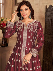 Red Art Silk Partywear High Slit Style Suit - Inddus.com