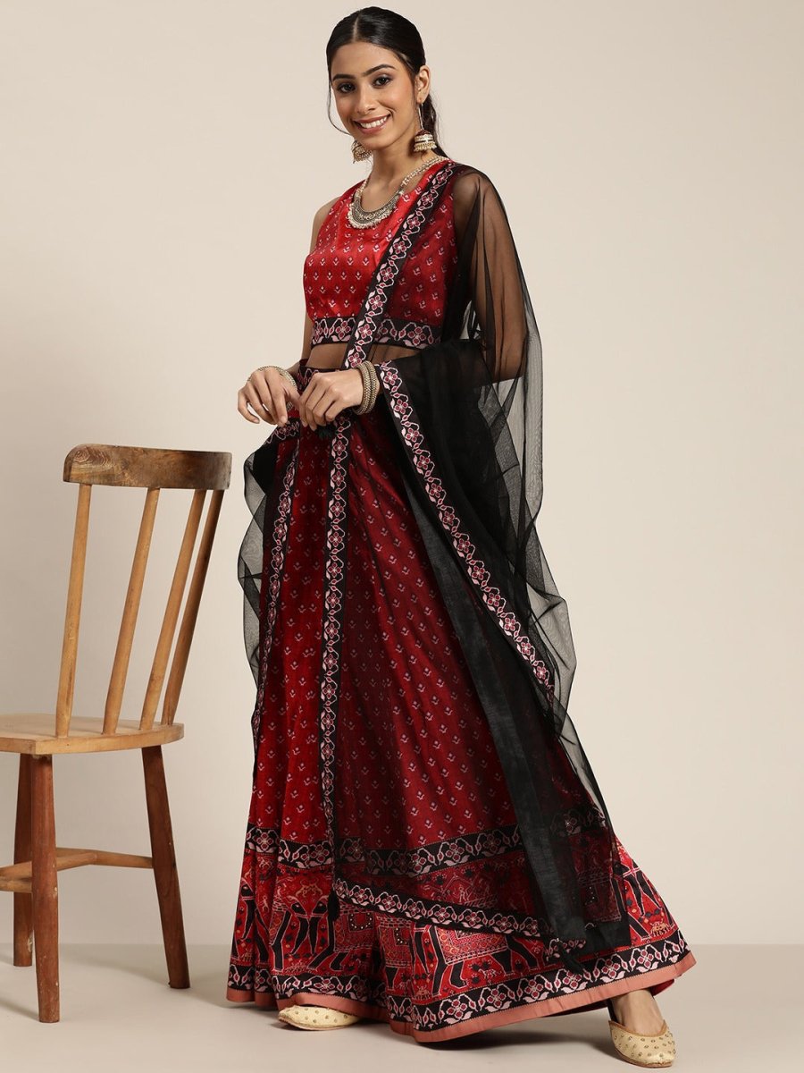 Red & Black Printed Semi-Stitched Lehenga & Unstitched Blouse With Dupatta - Inddus.com