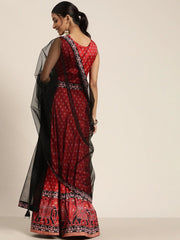 Red & Black Printed Semi-Stitched Lehenga & Unstitched Blouse With Dupatta - Inddus.com