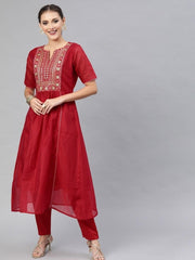 Red Chanderi Cotton Embroidered Kurta Pant Set - Inddus.com