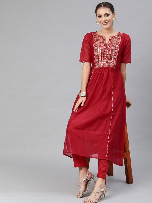 Red Chanderi Cotton Embroidered Kurta Pant Set - Inddus.com
