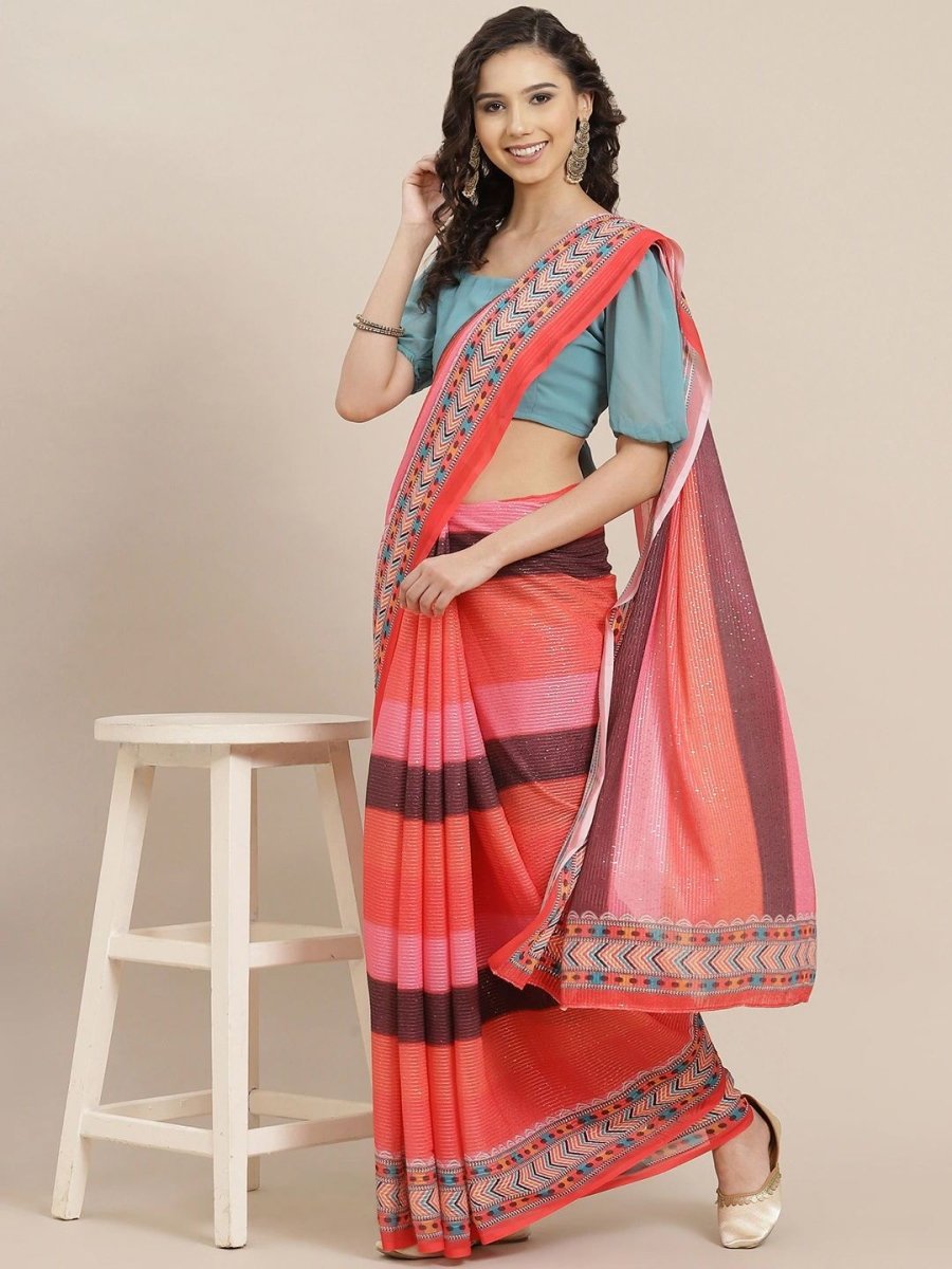 Red Colorblocked Sequinned Saree - inddus-us