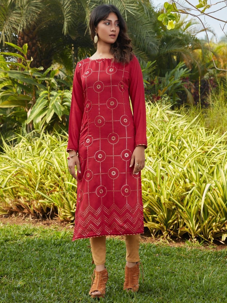 Red Cotton Foil Printed Casual Wear Kurta - inddus-us