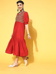 Red Cotton Partywear Ethnic Motifs Dresses - Inddus.com