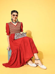 Red Cotton Partywear Ethnic Motifs Dresses - Inddus.com