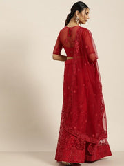 Red Embroidered Beads and Stones Semi-Stitched Lehenga & Blouse With Dupatta - Inddus.com