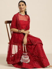 Red Embroidered Beads and Stones Semi-Stitched Lehenga & Blouse With Dupatta - Inddus.com