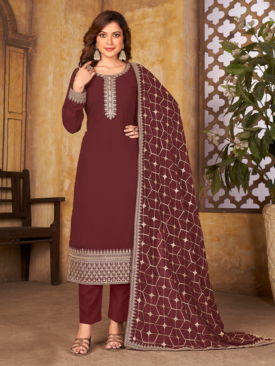 Red Embroidered Festive Wear Straight Cut Suit - Inddus.com