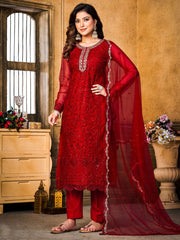 Red Embroidered Festive-Wear Straight-Cut-Suit - Inddus.com