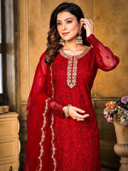 Red Embroidered Festive-Wear Straight-Cut-Suit - Inddus.com