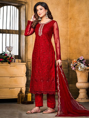 Red Embroidered Festive-Wear Straight-Cut-Suit - Inddus.com