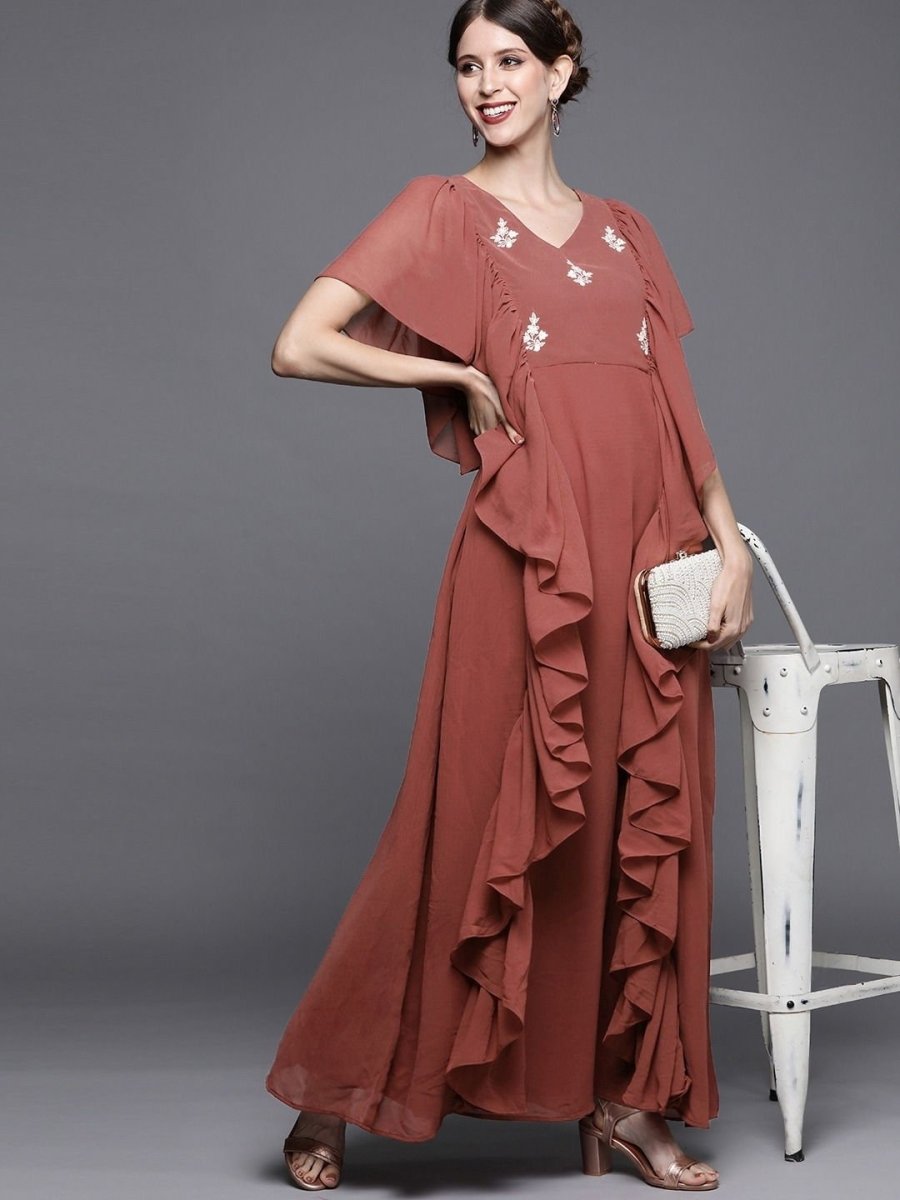 Red Embroidered Gown - inddus-us