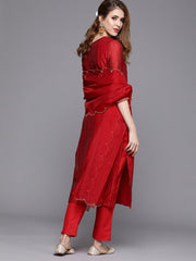 Red Embroidered Kurta with Trousers & Dupatta - inddus-us