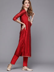 Red Embroidered Kurta with Trousers & Dupatta - inddus-us