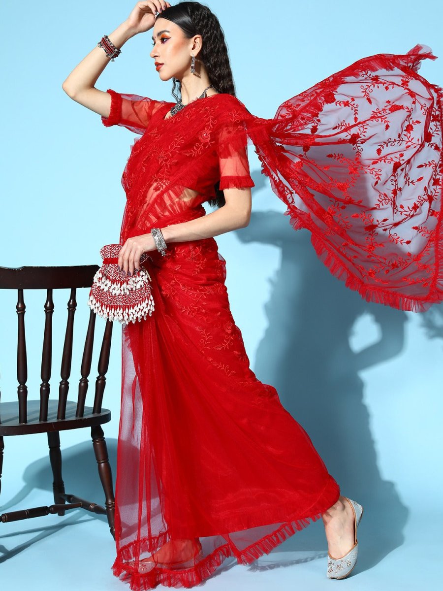 Red Embroidered Net Ruffle Saree with Blouse Piece – Inddus.com