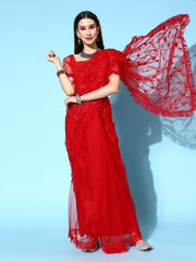 Red Embroidered Net Ruffle Saree with Blouse Piece - Inddus.com