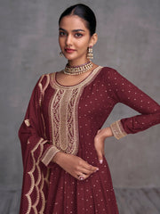 Red Embroidered Partywear Palazzo-Suit - Inddus.com