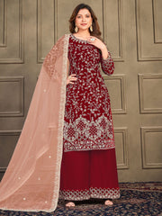 Red Embroidered Partywear Palazzo Suit - Inddus.com