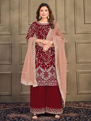 Red Embroidered Partywear Palazzo Suit - Inddus.com