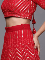 Red Embroidered Sequinned Semi-Stitched Lehenga & Unstitched Blouse With Dupatta Net - Inddus.com