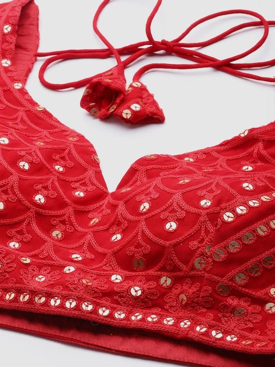 Red Embroidered Sequinned Semi-Stitched Lehenga & Unstitched Blouse With Dupatta Net - Inddus.com
