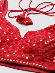 Red Embroidered Sequinned Semi-Stitched Lehenga & Unstitched Blouse With Dupatta Net - Inddus.com