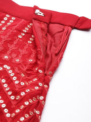 Red Embroidered Sequinned Semi-Stitched Lehenga & Unstitched Blouse With Dupatta Net - Inddus.com