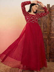 Red Floral Embroidered Flared Maxi Ethnic Dresses - Inddus.com