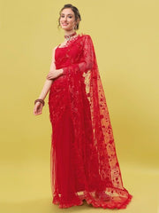Red Floral Embroidered Ruffled Net Saree - Inddus.com