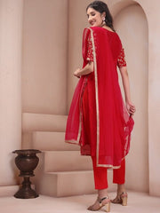 Red Floral Embroidered Sequined Regular Kurta with Trousers & Dupatta - Inddus.com