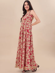 Red Floral Printed Sweetheart Neck A-line Maxi Dress - Inddus.com