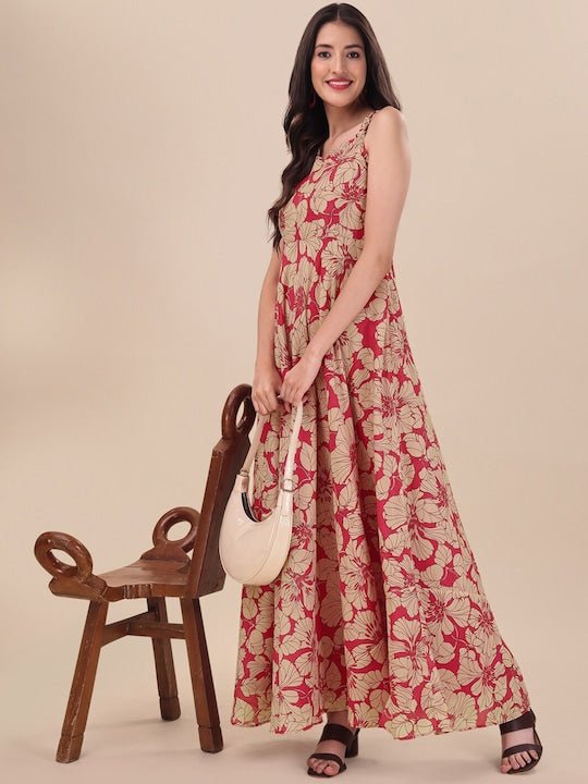 Red Floral Printed Sweetheart Neck A-line Maxi Dress - Inddus.com