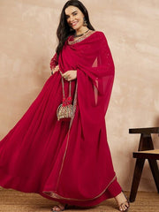 Red Floral Yoke Design Gotta Patti Georgette Anarkali Kurta With Dupatta - Inddus.com