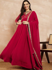 Red Floral Yoke Design Gotta Patti Georgette Anarkali Kurta With Dupatta - Inddus.com