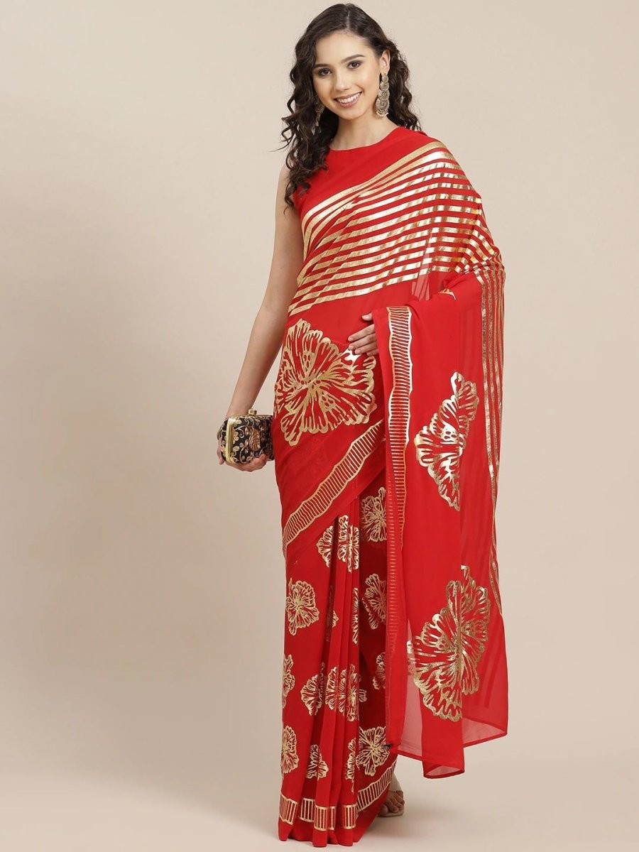 Red Foil Print Saree with Blouse Piece - inddus-us