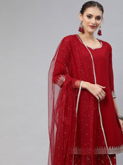 Red Georgette Embroidered Kurta Sharara Dupatta Set - inddus-us